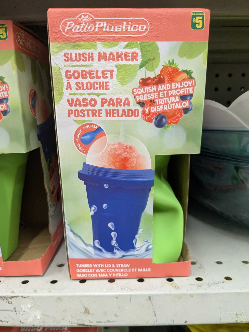 A slush maker in a box on a shelf at Dollarama