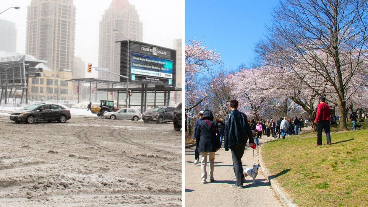 A slushy Mississauga, Ontario. Right: Toronto's High Park in spring.