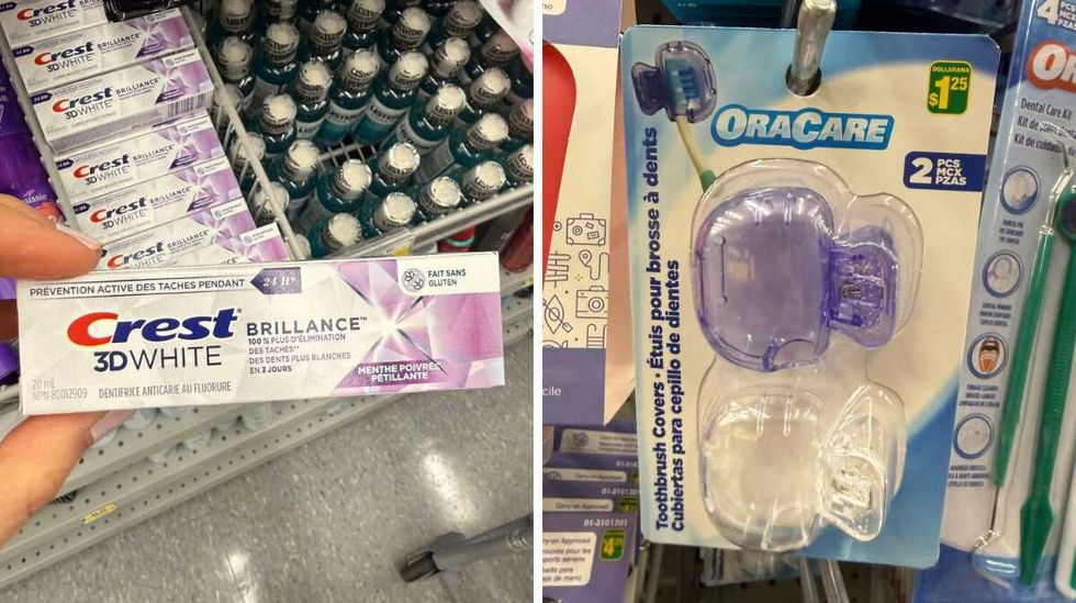 A small box with Crest 3D White toothpaste. Right: Purple and white toothbrush covers.