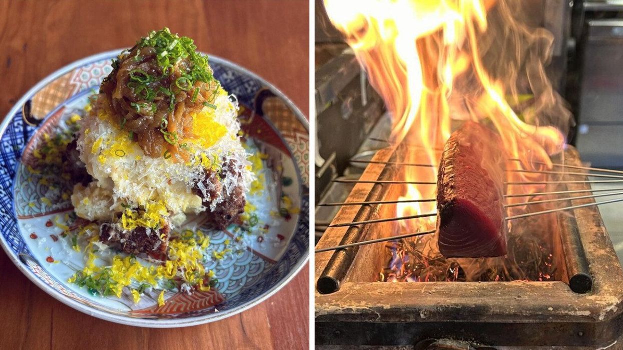 A small plate of food. Right: Meat being cooked over a flame.