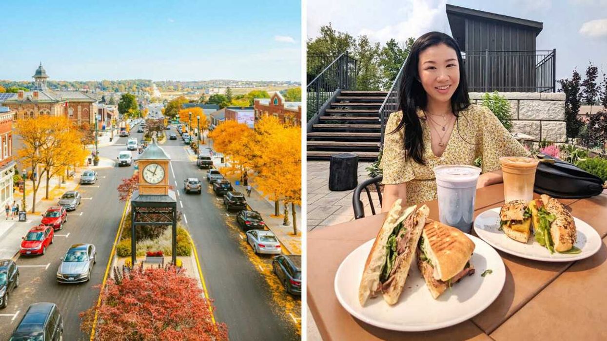 A small town during the fall. Right: A person sitting on a patio with food.