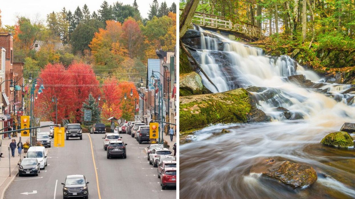 A small town during the fall. Right: A waterfall with a bridge over it.