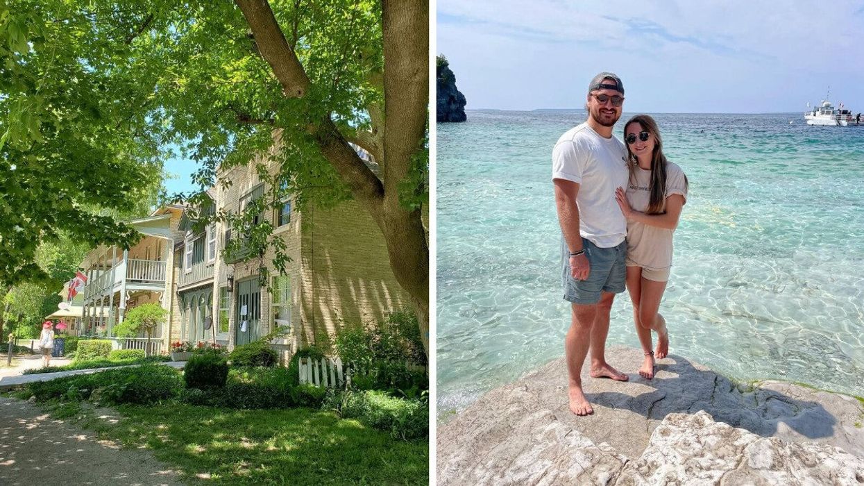A small town during the summer. Right: A couple standing by turquoise water.