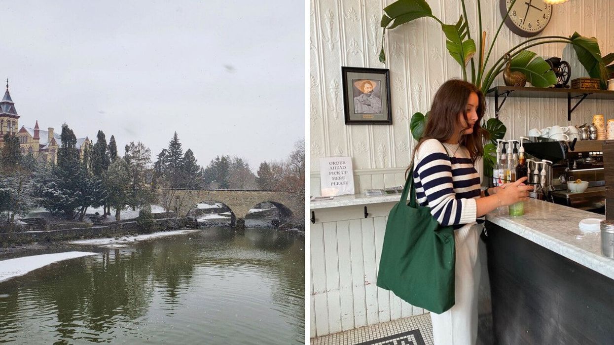A small town during the winter. Right: A person at a cafe.