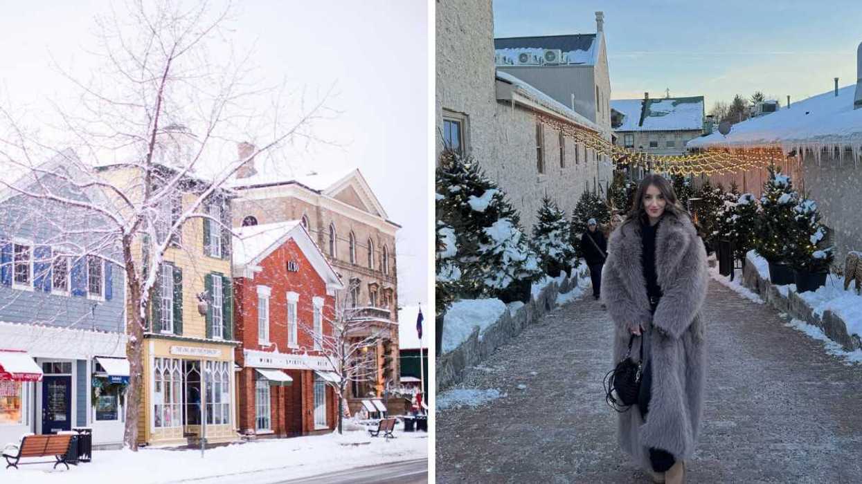 A small town during the winter. Right: A person standing on a street.