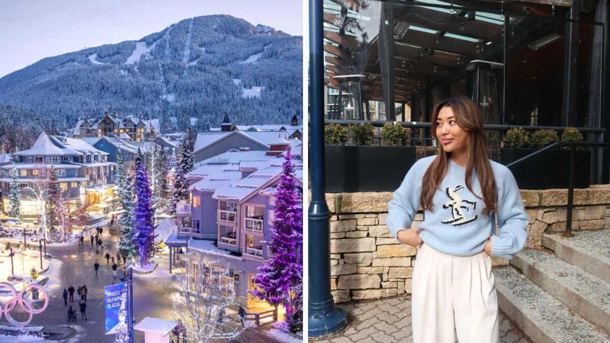 A small town during the winter. Right: Someone on a town street.
