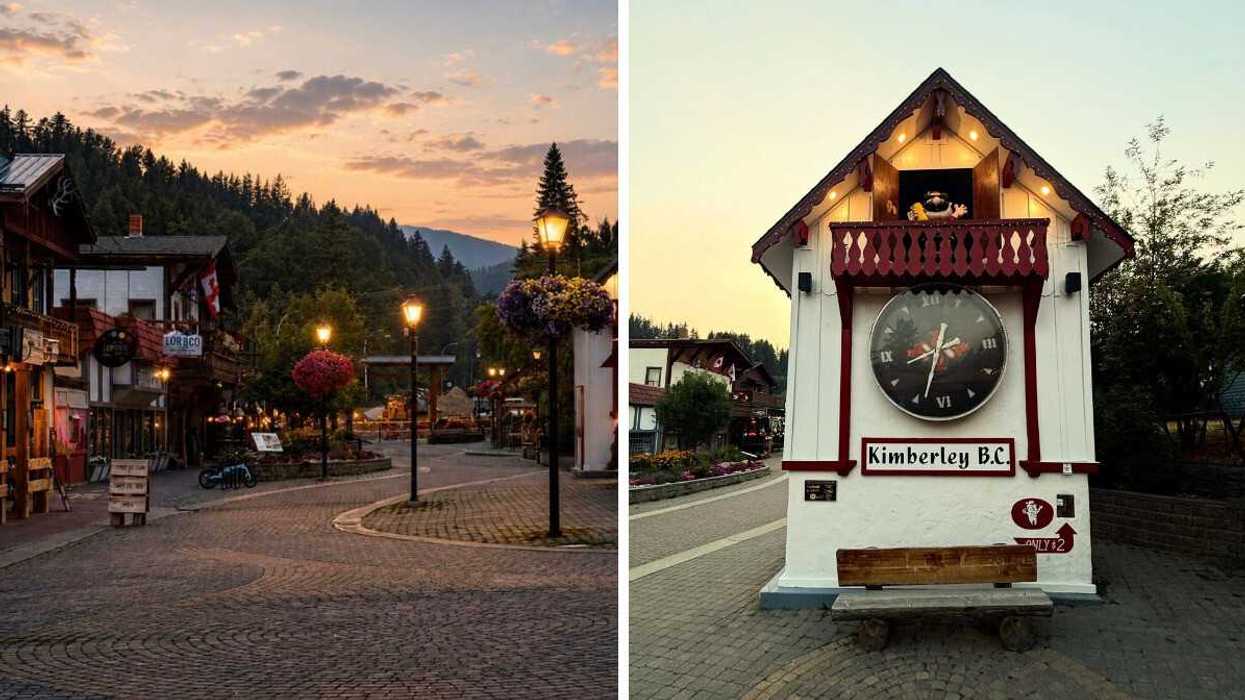 A small town in British Columbia. Right: A clock in a small town in B.C.