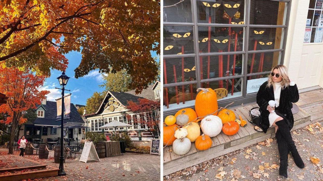 A small town in Canada. Right: A person sits by pumpkins in a small town in Ontario.
