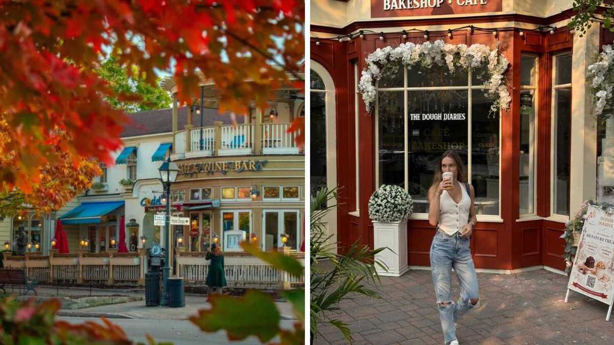 A small town in the fall. Right: A person standing outside a cafe.
