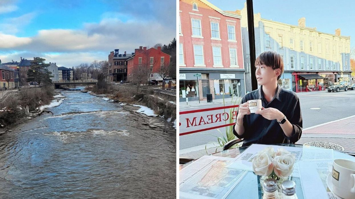 A small town on a river. Right: A person sitting at a cafe.