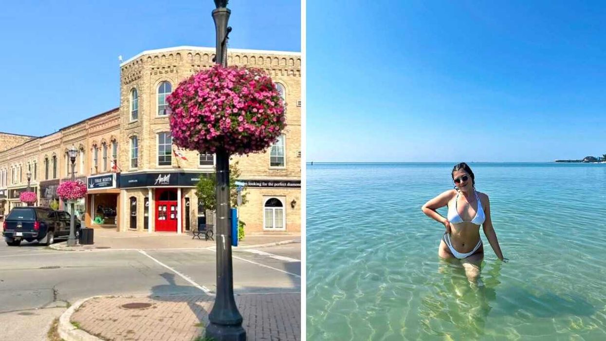 A small town. Right: A person swimming.