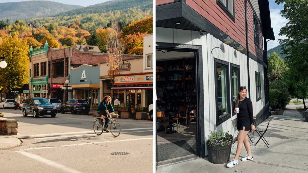 A small town street in the fall. Right: Person on a sidewalk.