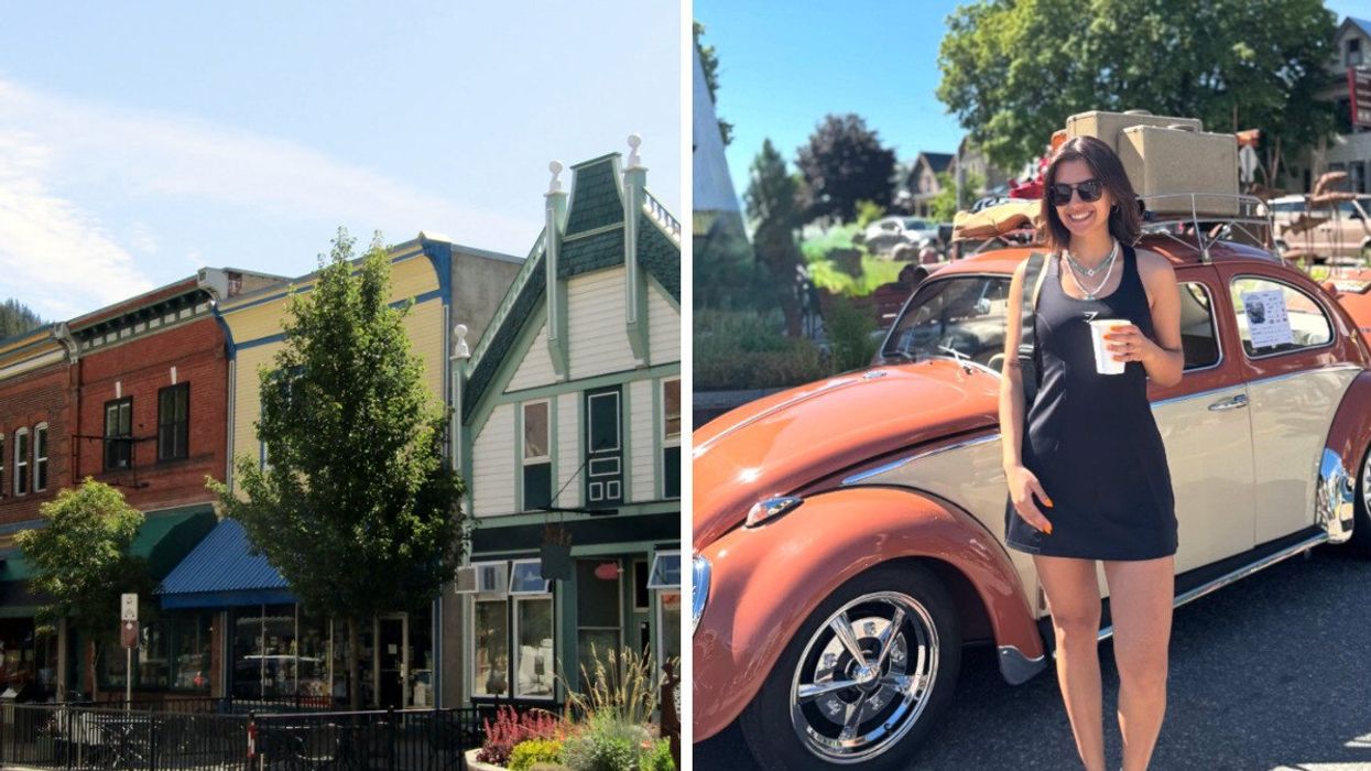 A small town street. Right: Person by a car.