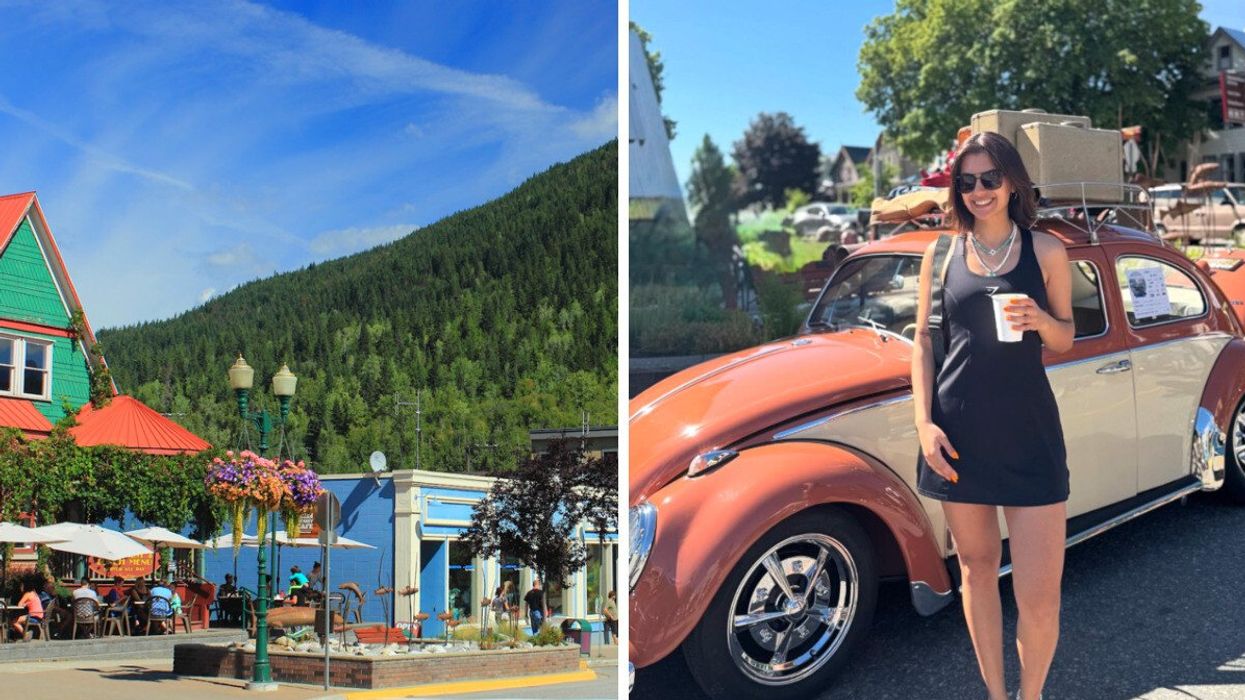 A small town street. Right: Person in a car.