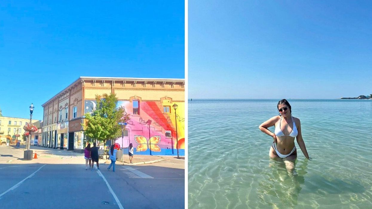 A small town with a mural. Right: A person standing in water.