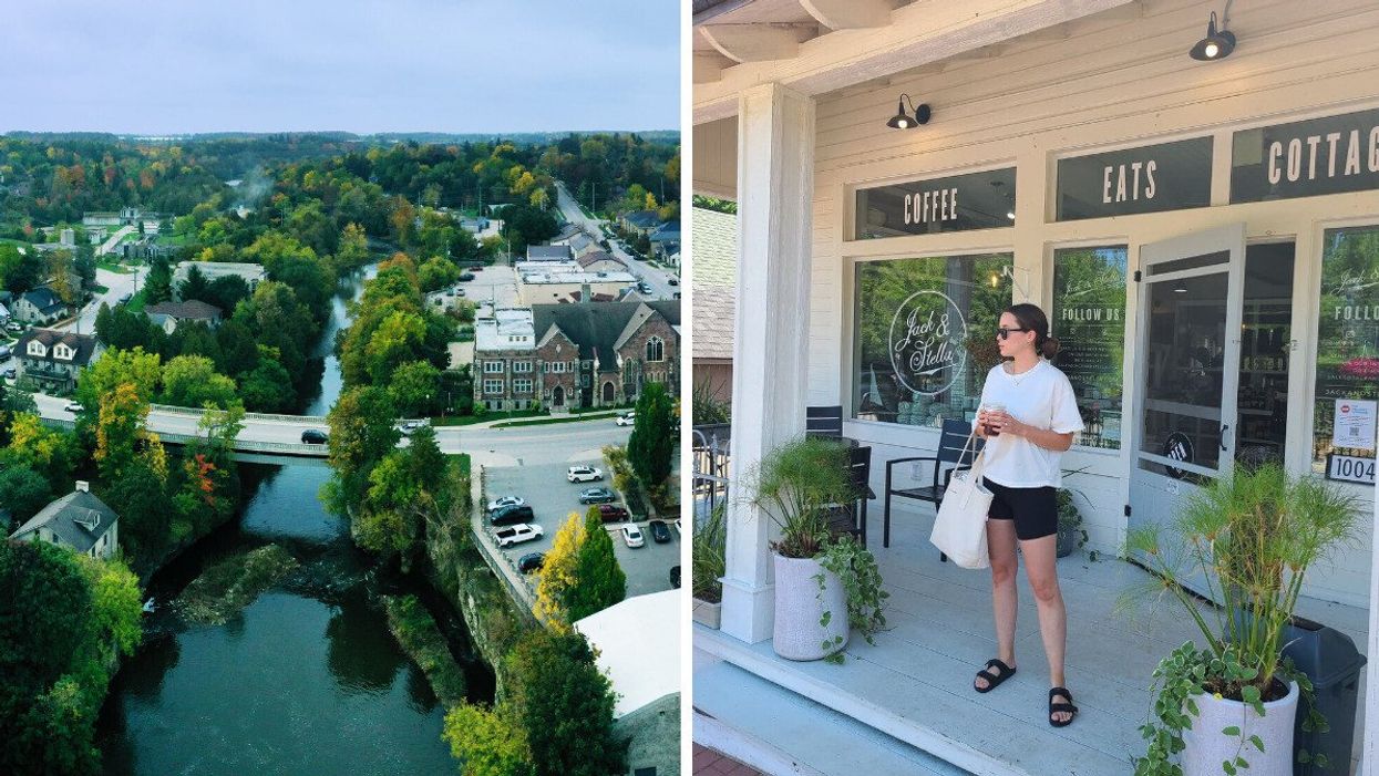 A small town with a river. Right: A person standing on a cafe porch.