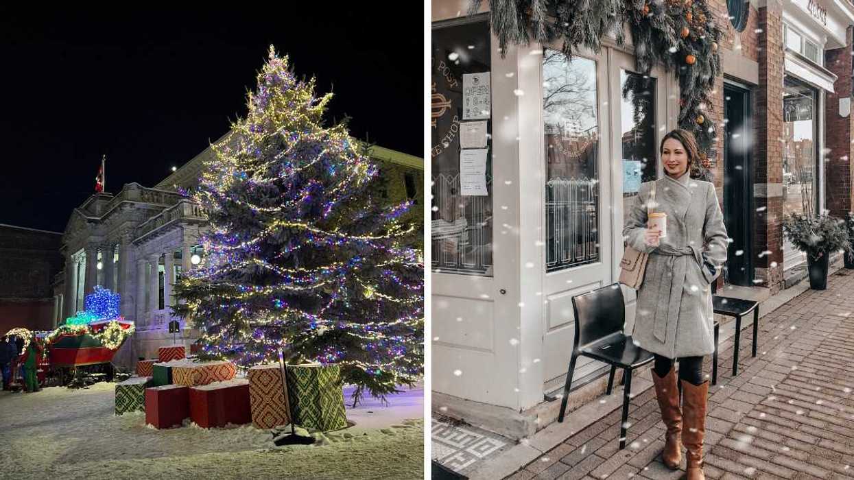 A small town with Christmas decor. Right: A person standing outside a cafe.