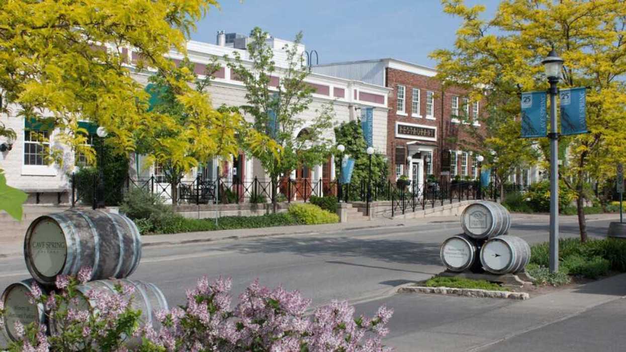 A small town with flowers and trees.