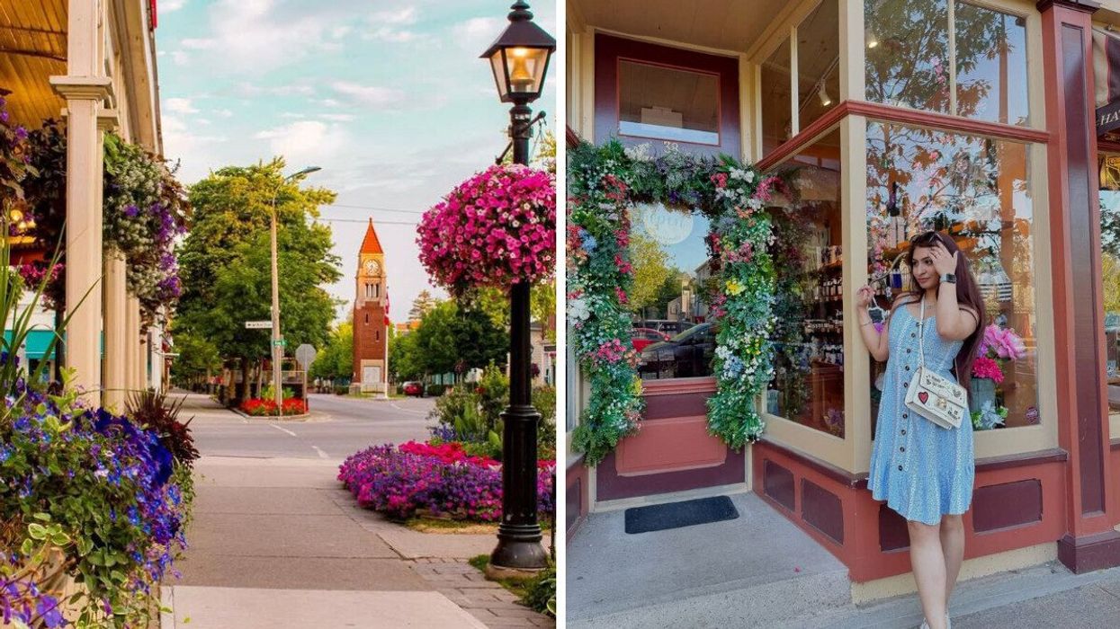 A small town with flowers. Right: A person standing in front of a store.
