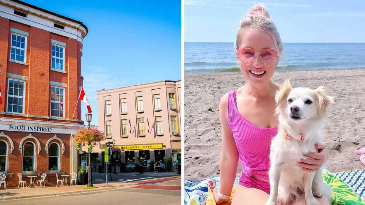 A small town with historic buildings. Right: A person sitting on a sandy beach.