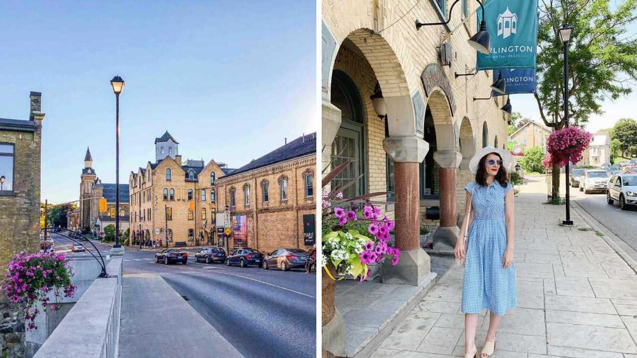 A small town with historic buildings. Right: A person walking down a street.
