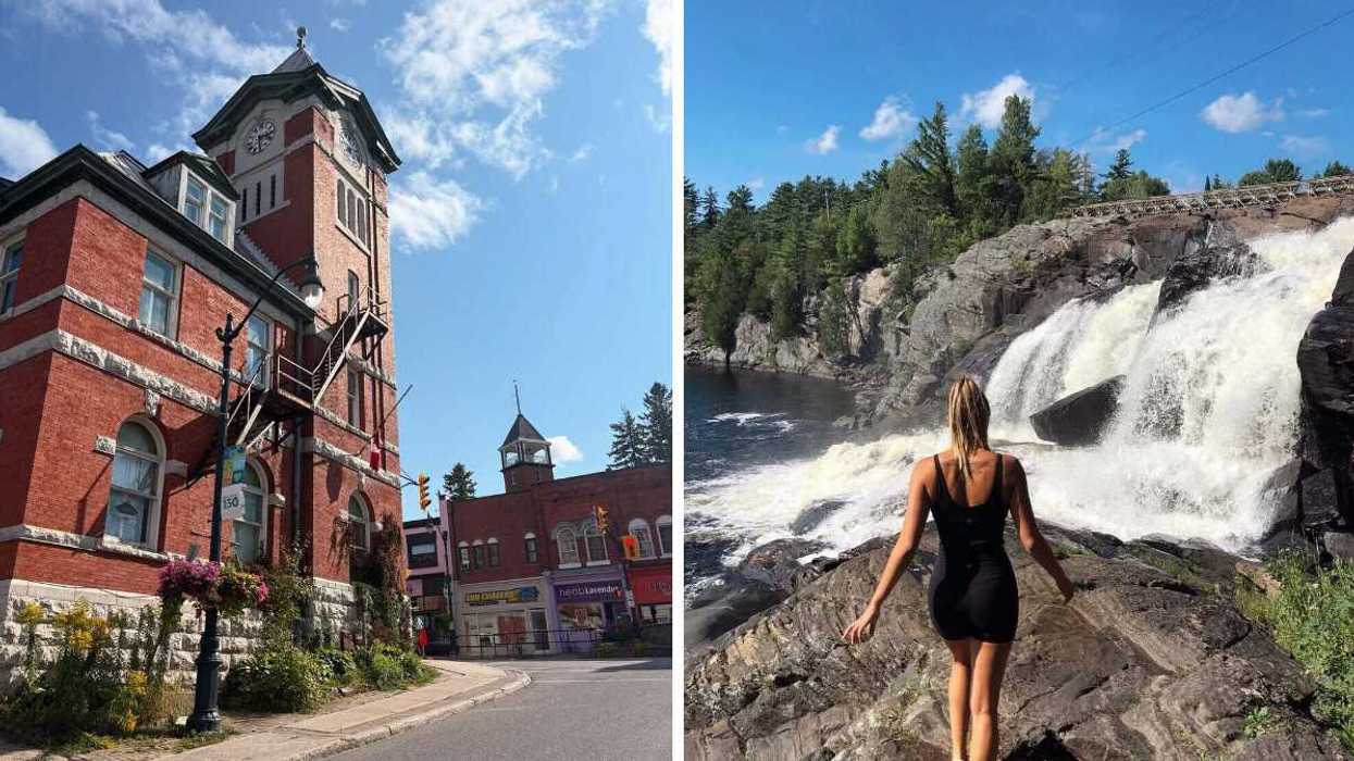 A small town with historic buildings. Right: A person walking to a waterfall.