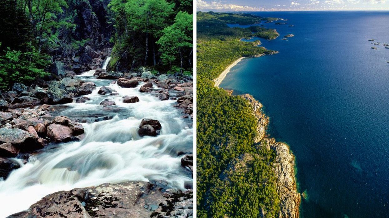A small waterfall. Right: A rocky shoreline.