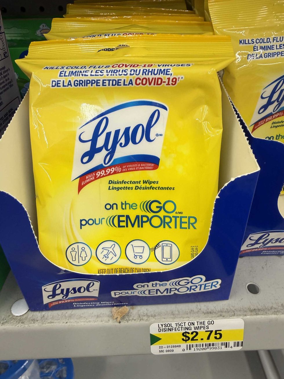A small yellow pack of Lysol disinfecting wipes.