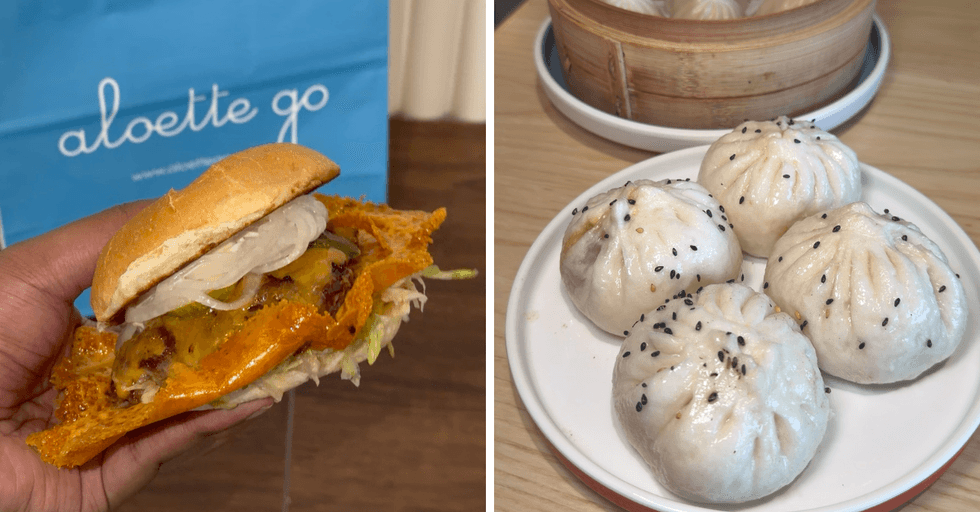 A smash burger from Aloette Go. Right: Dumplings from Mom's Pan-Fried Bun.