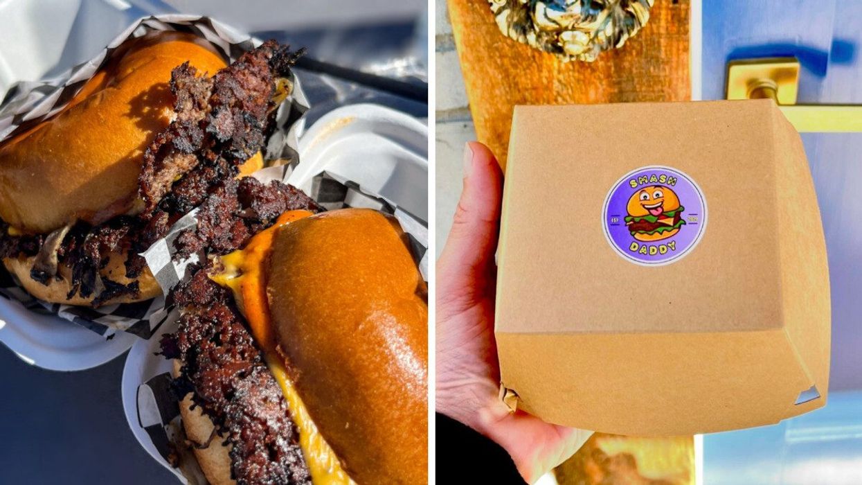 A Smash Daddy burger. Right: A Smash Daddy burger box.