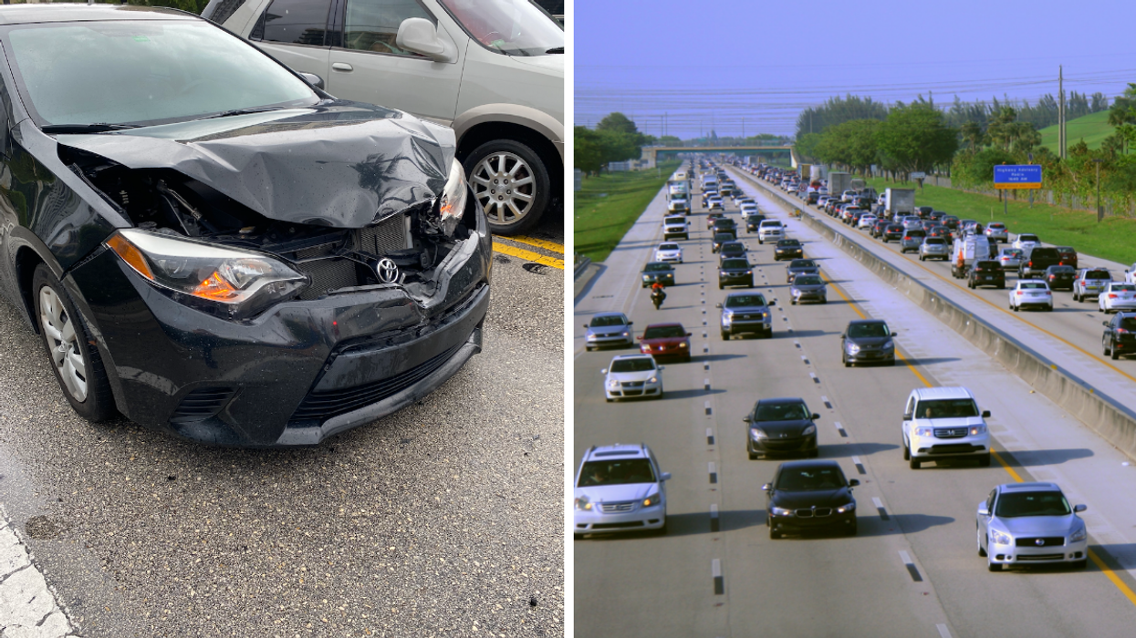 A smashed car. Right: A busy roadway in Florida.