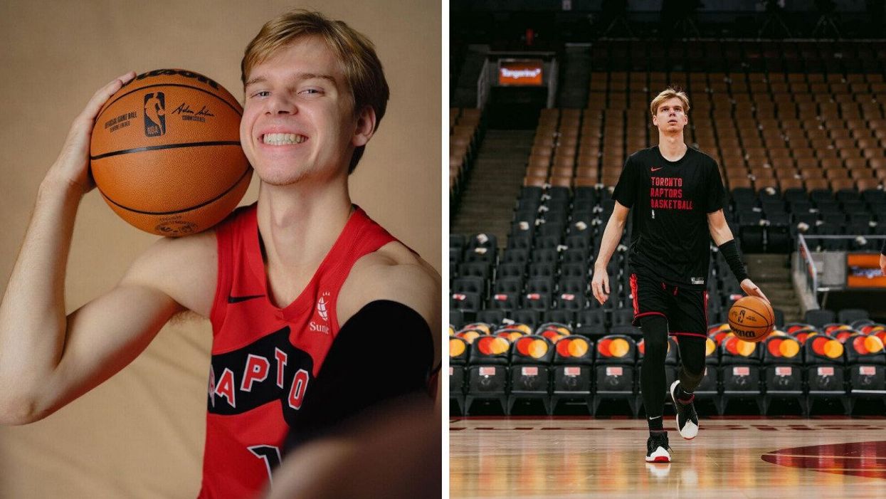A smiling basketball player holding a ball on his shoulder. Right: A man bouncing a basketball in an empty arena.