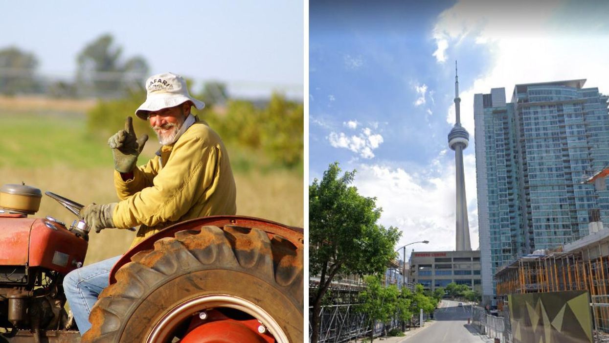 A smiling farmer. Right: The CN Tower