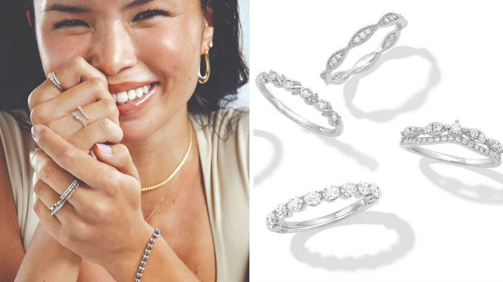 A smiling woman holds her hands in front of her face, on her fingers are multiple stacked rings. Right: Four delicate rings.
