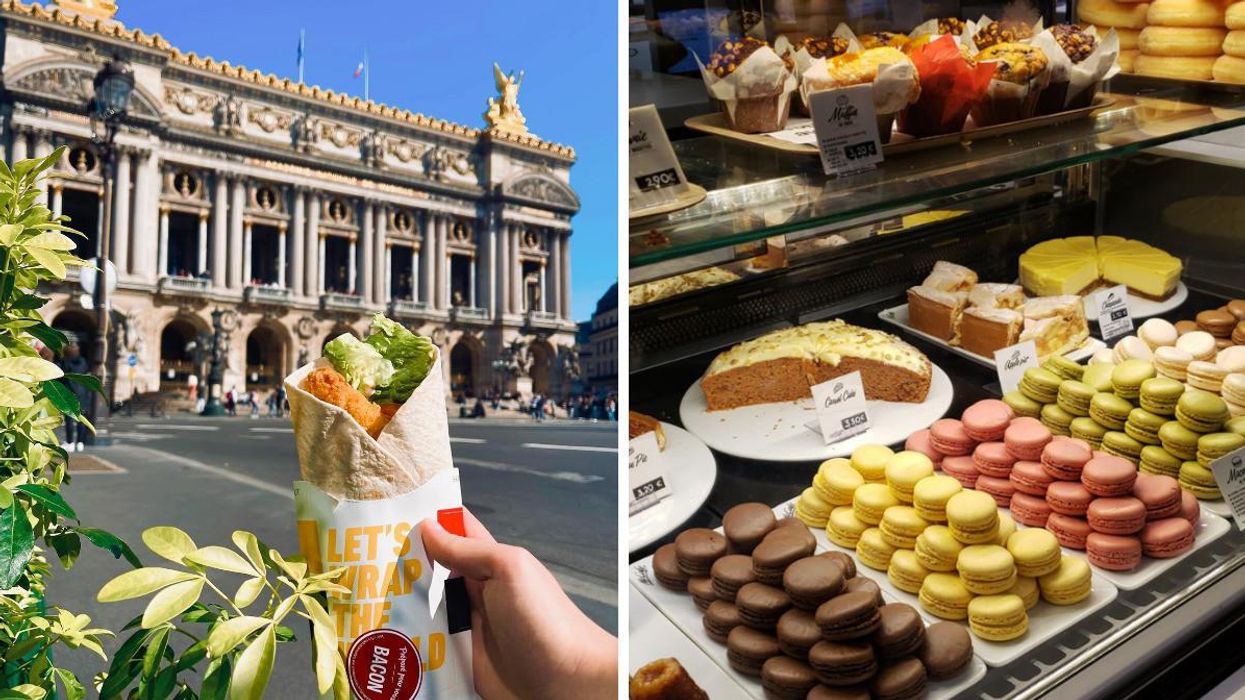 A snack wrap outside a historic building in Paris, France. Right: Macarons in the case at McDonald's in Paris. 