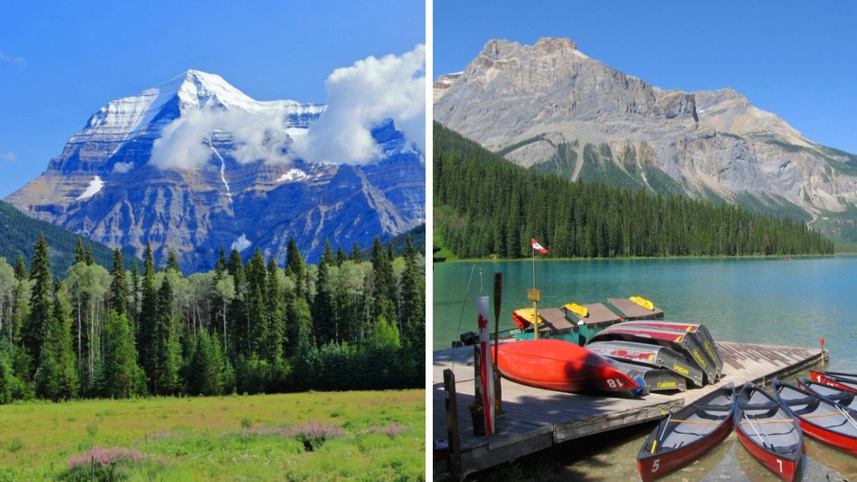 A snow-capped mountain with trees and a wildflower meadow. Right: A lake with red canoes and trees and mountains in the distance.