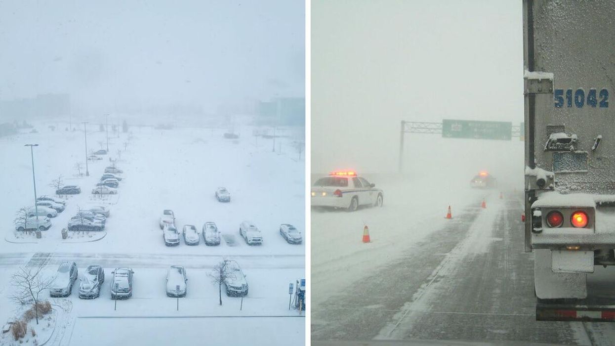 A snow-covered parking lot. Right: A snowy Ontario highway.