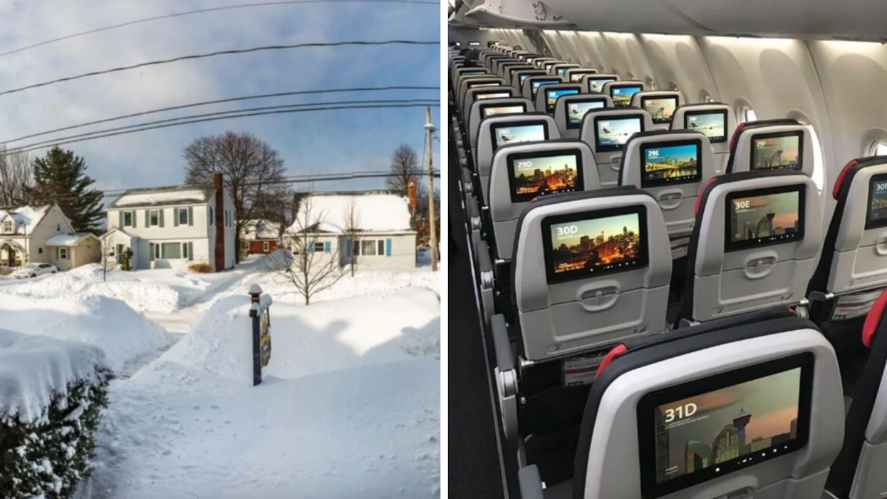 A snow-covered residential street in New Brunswick. Right: Seats on an Air Canada plane.