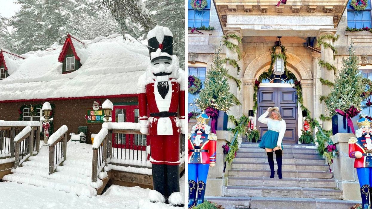 A snow-covered store with a giant nutcracker statue. Right: A person standing on steps with Christmas decor.