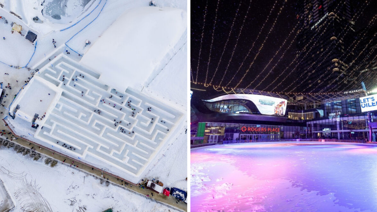 A snow maze. Right: Skating rink at Ice District.