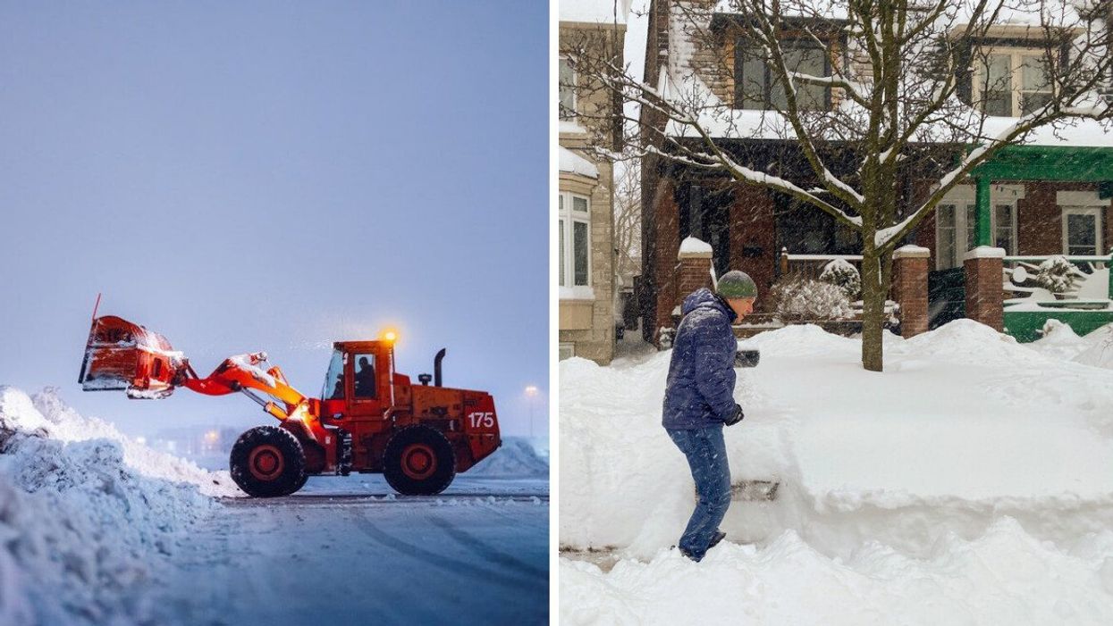 A snow plow at Toronto Pearson. Right: A man shovelling snow