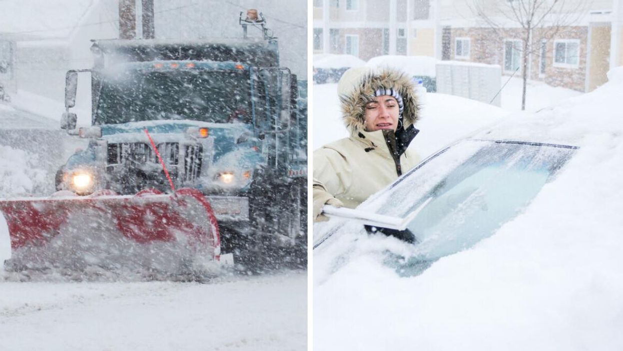 A snow plow in a blizzard. Right: A woman wiping snow off her car.