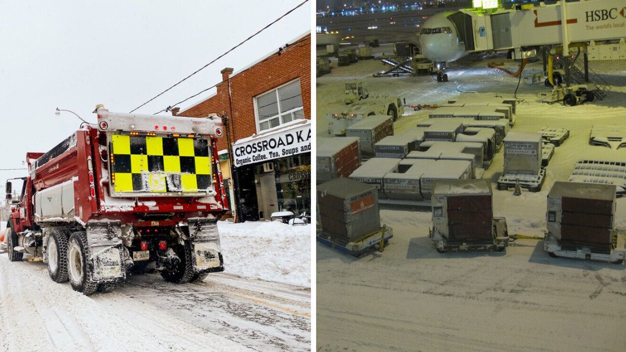 A snow plow in Toronto. Right: A wintry Pearson Airport.