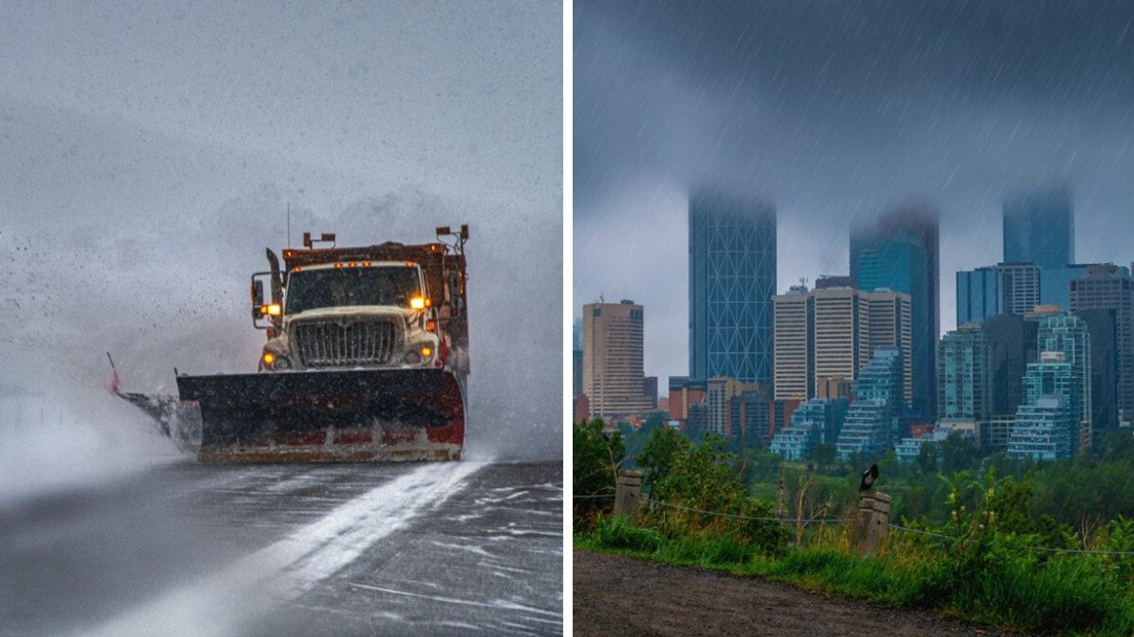 A snowplow clearing a highway. Right: Rain in a city.