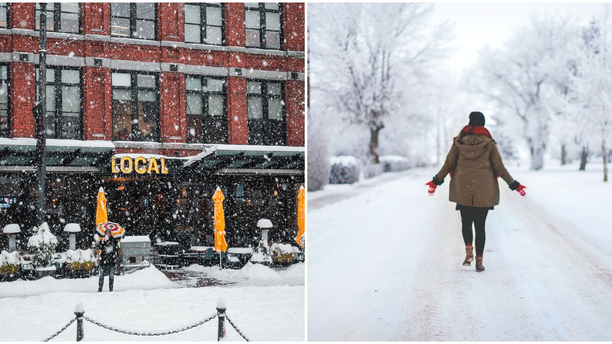 A snowstorm in front of a building. Right: Someone walking on a snowy road surrounded by snowy trees.