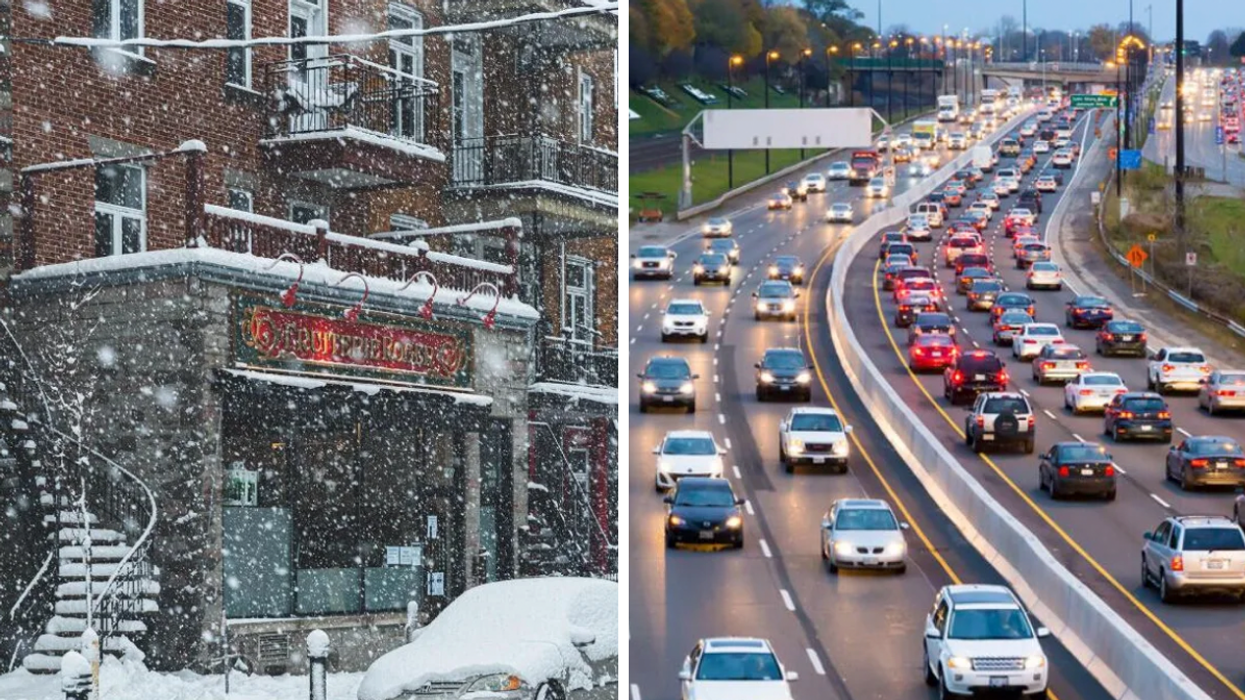 A snowstorm in Montreal. Right: Traffic during rush hour in Toronto.