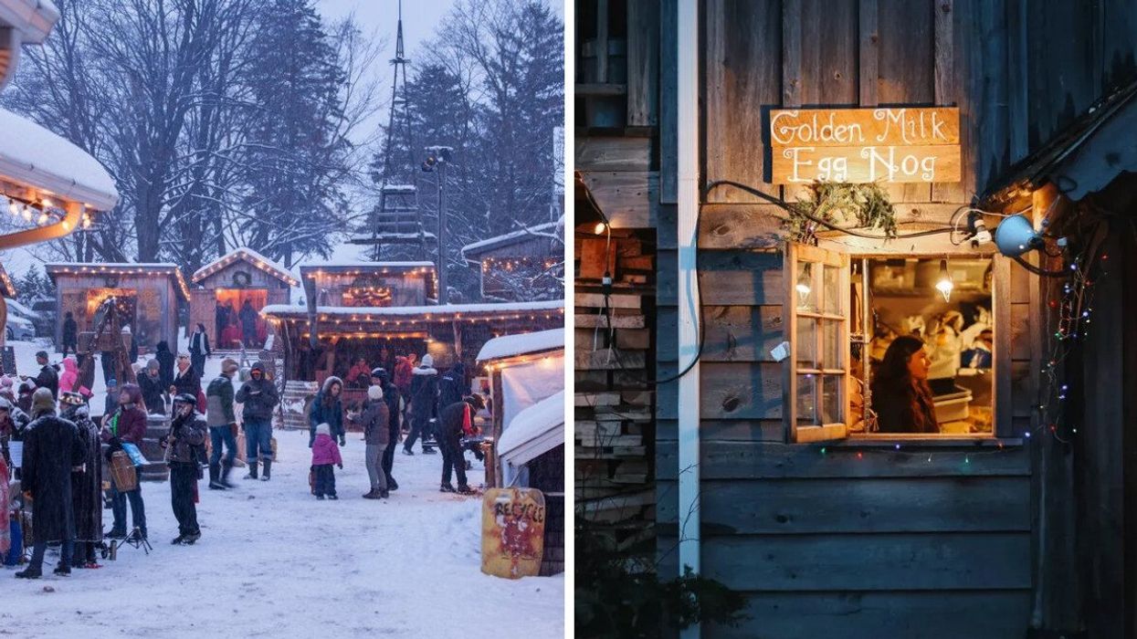 A snowy Christmas market. Right: A person sitting in a cabin.