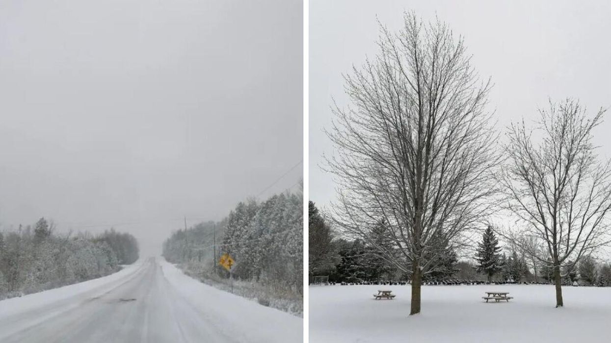 A snowy Ontario road. Right: A park covered in snow.