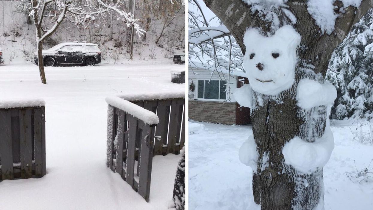 A snowy Ontario street. Right: A snow creation.