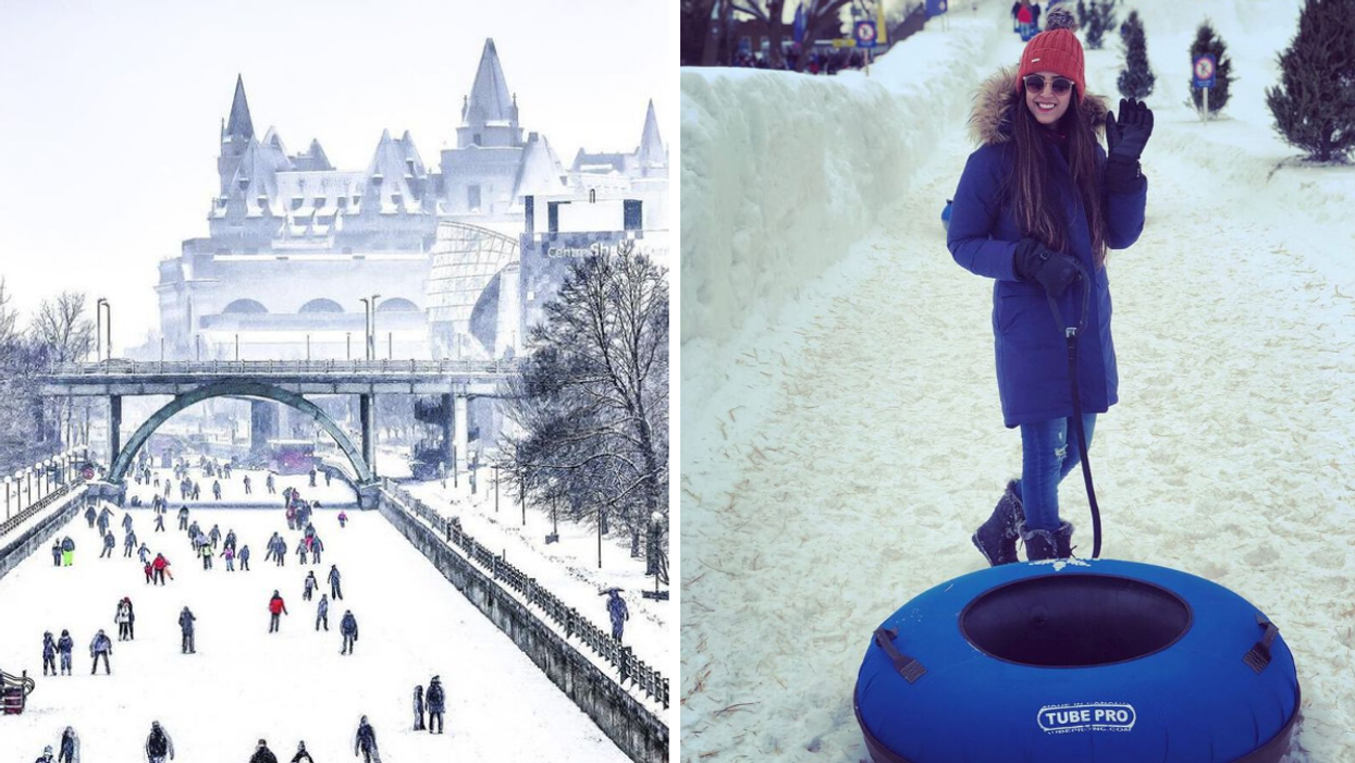 A snowy Rideau Canal with skaters during Winterlude. Right: Woman with a tube on a sledding hill.
